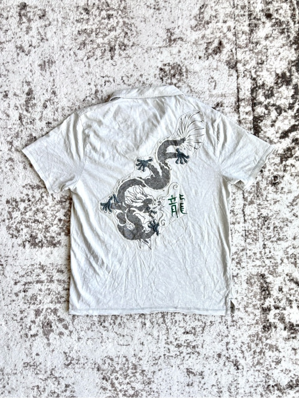 Vintage Y2K DKNY Japanese Dragon Graphic Short-Sleeve White Men’s Polo Shirt